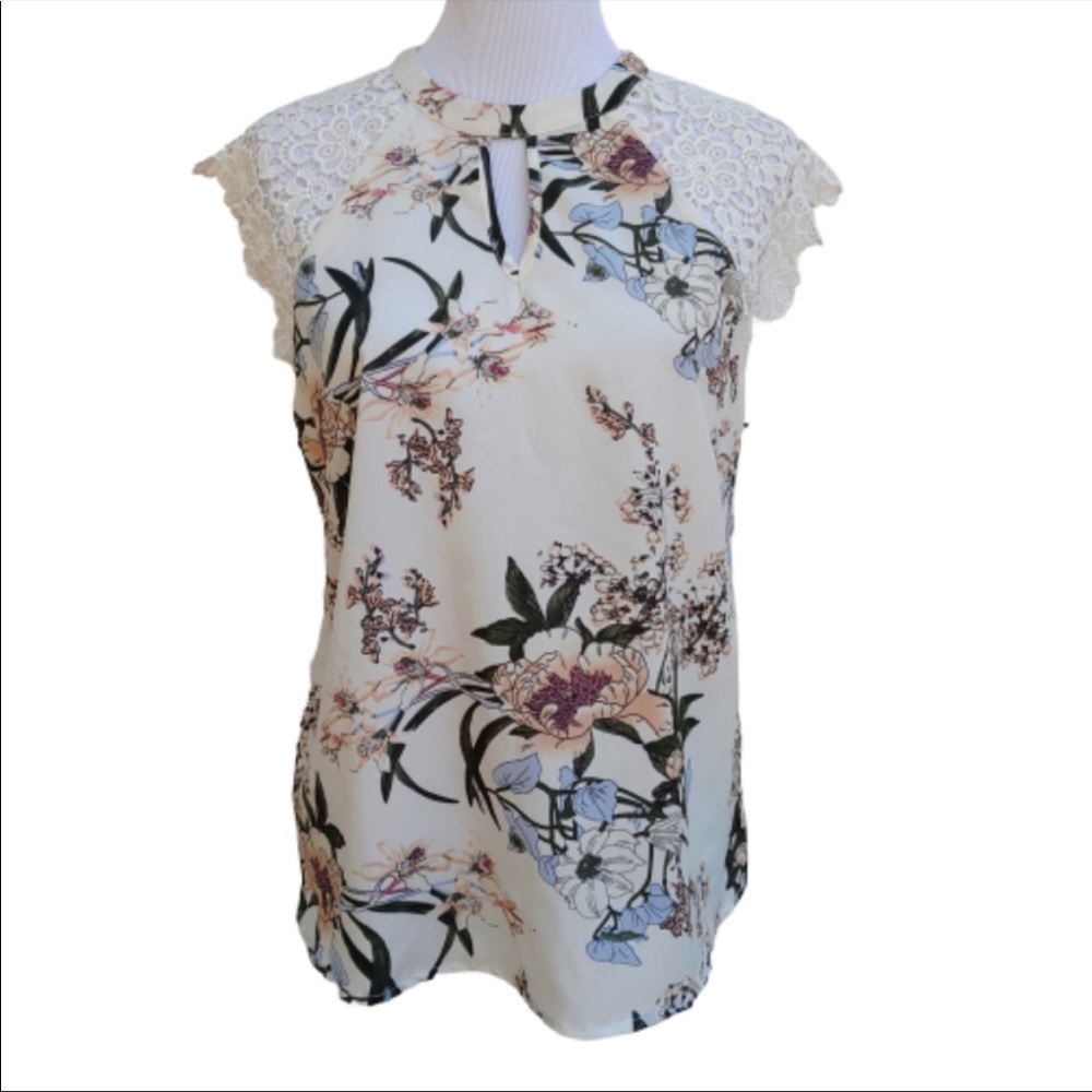 Shein| Blouse White Floral Lace Cap Sleeves